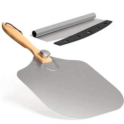 12*14 Inch Oven Square Pizza Peel Wooden Handle Aluminum Pizza Shovel With 14 Inch Stainless Steel Cutter Set