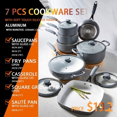 7 Pieces Stretching Aluminum Cookware Set Ceramic Coating Nonstick Fry Pan And Stockpot Pan Sets