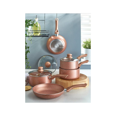 5 Pieces Marble Effect Die Cast Aluminum Non Stick Rose Pink Gold Cookware Sets Nonstick Round Fry Pans And Stockpot Set